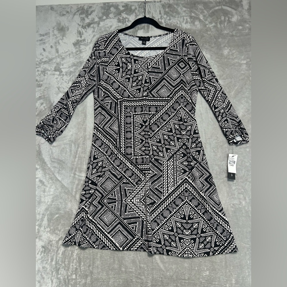 AB Studio Long Sleeve Stretch Midi Dress Women’s Large Black White Aztec